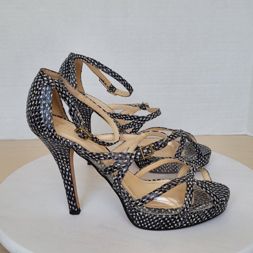 Kate Spade Riley Strappy Heels Platform Shoes Snakeskin And Clear Vinyl Sz 7.5B - Picture 3 of 17